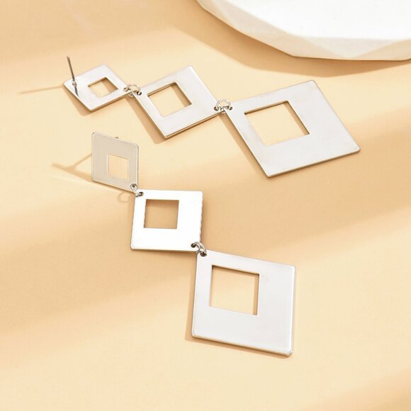 3/$35 Geometric Silver Rhombus Long Drop Dangle Fashion Earrings Jewelry - Picture 7 of 7